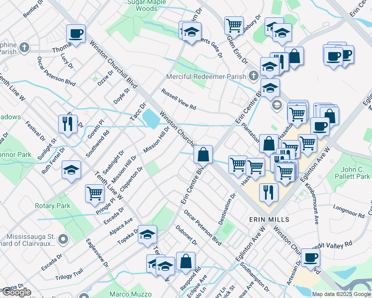 map of restaurants, bars, coffee shops, grocery stores, and more near 3140 Cabano Crescent in Mississauga