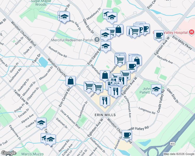 map of restaurants, bars, coffee shops, grocery stores, and more near 2891 Rio Court in Mississauga