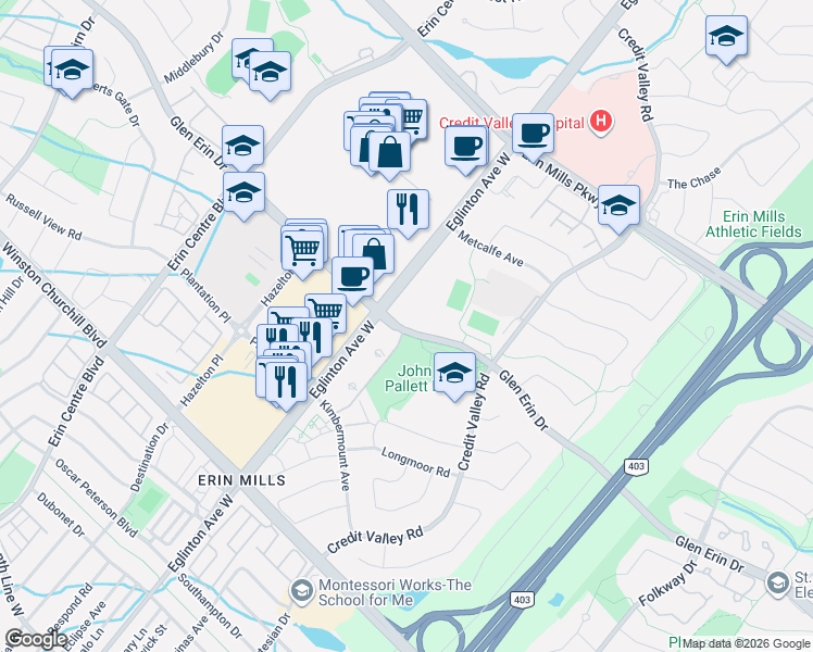 map of restaurants, bars, coffee shops, grocery stores, and more near 4900 Glen Erin Drive in Mississauga