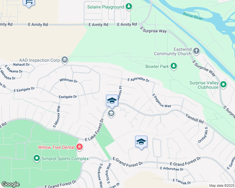 map of restaurants, bars, coffee shops, grocery stores, and more near 3775 East Wormwood Court in Boise