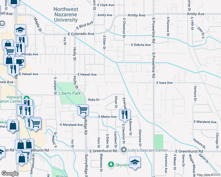 map of restaurants, bars, coffee shops, grocery stores, and more near 1031 East Iowa Avenue in Nampa