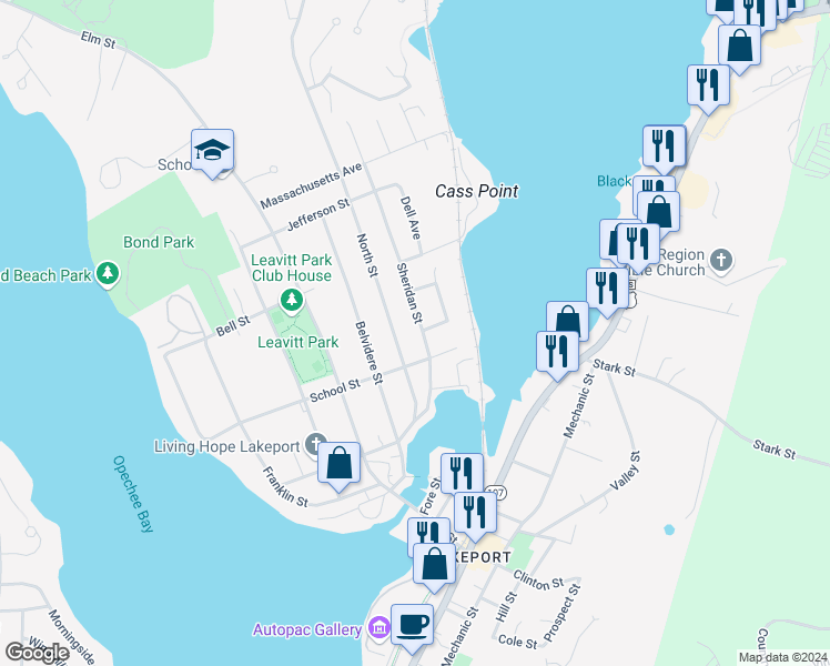 map of restaurants, bars, coffee shops, grocery stores, and more near 91 Sheridan Street in Laconia