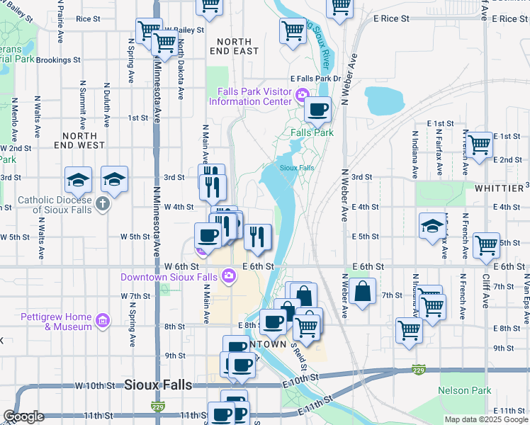 map of restaurants, bars, coffee shops, grocery stores, and more near Sioux Falls Bike Trail in Sioux Falls