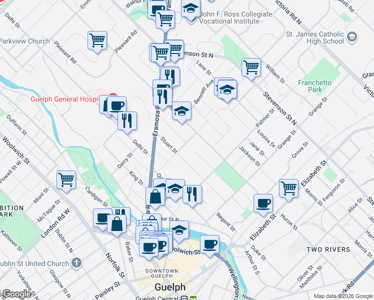 map of restaurants, bars, coffee shops, grocery stores, and more near 73 Lemon Street in Guelph