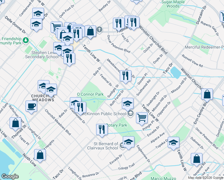 map of restaurants, bars, coffee shops, grocery stores, and more near 3281 Sunlight Street in Mississauga