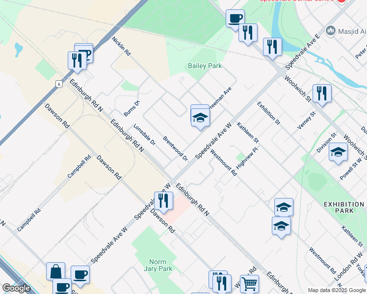 map of restaurants, bars, coffee shops, grocery stores, and more near 8 Strathmere Place in Guelph
