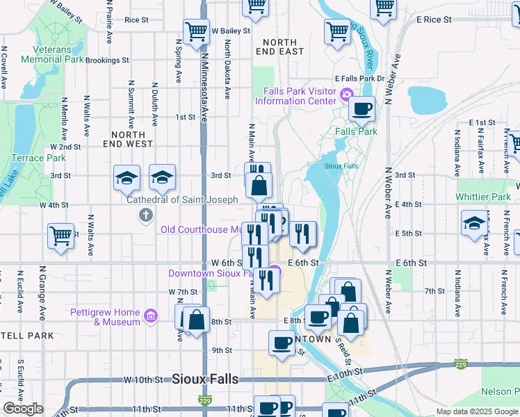 map of restaurants, bars, coffee shops, grocery stores, and more near 524 North Main Avenue in Sioux Falls