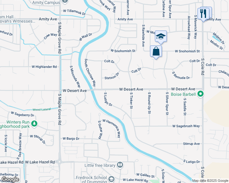 map of restaurants, bars, coffee shops, grocery stores, and more near 8342 West Desert Avenue in Boise