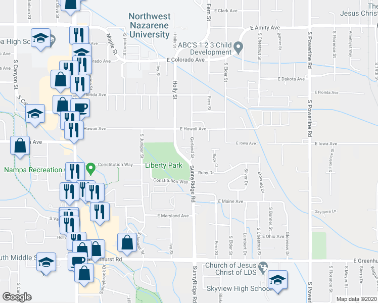 map of restaurants, bars, coffee shops, grocery stores, and more near 1513 South Garland Street in Nampa