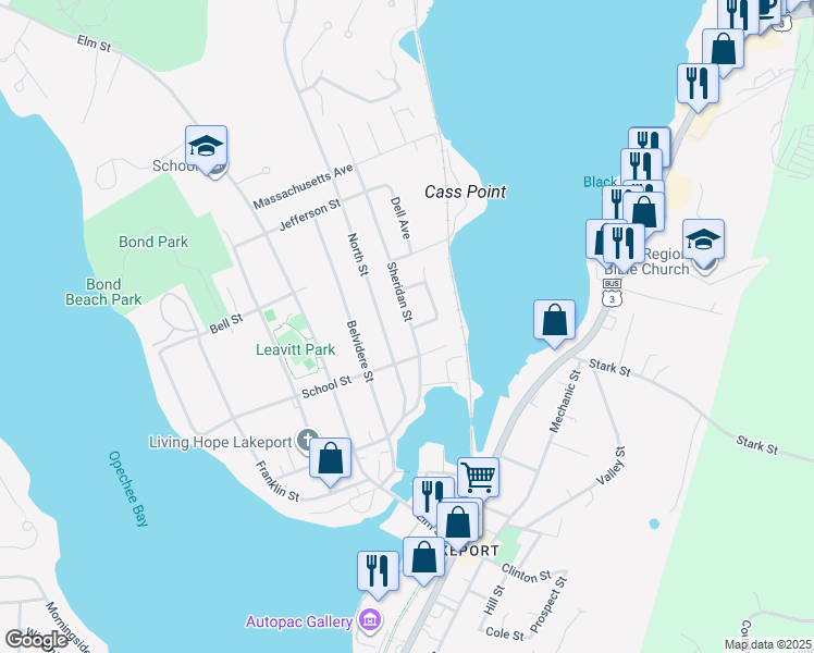 map of restaurants, bars, coffee shops, grocery stores, and more near 91 Sheridan Street in Laconia