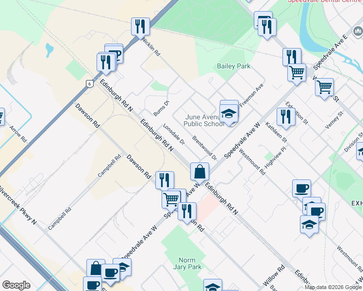 map of restaurants, bars, coffee shops, grocery stores, and more near 28 Lonsdale Drive in Guelph