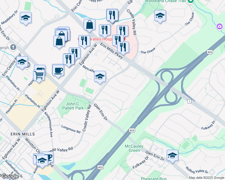 map of restaurants, bars, coffee shops, grocery stores, and more near 4341 Idlewilde Crescent in Mississauga