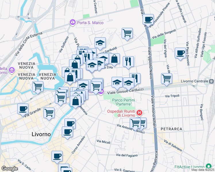 map of restaurants, bars, coffee shops, grocery stores, and more near 13 Via Giuseppe Maria Terreni in Livorno