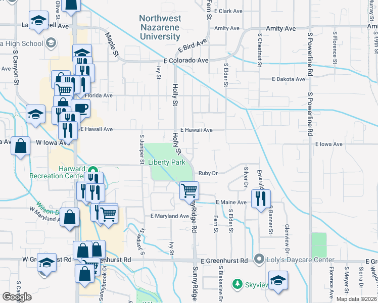 map of restaurants, bars, coffee shops, grocery stores, and more near 1513 South Garland Street in Nampa