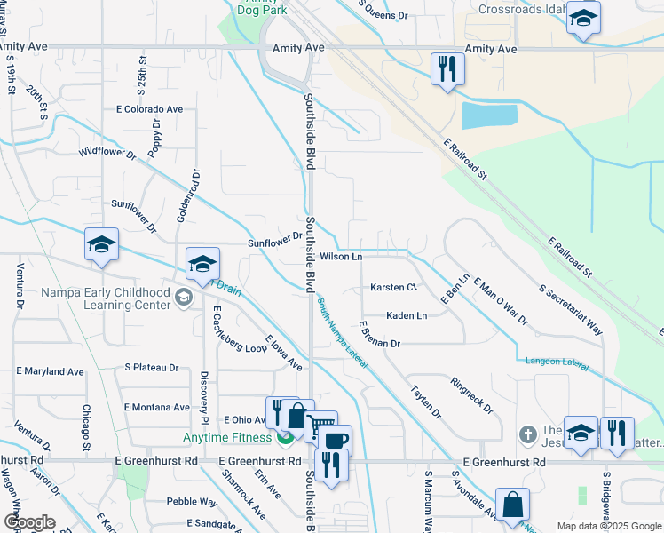 map of restaurants, bars, coffee shops, grocery stores, and more near 3121 Wilson Lane in Nampa
