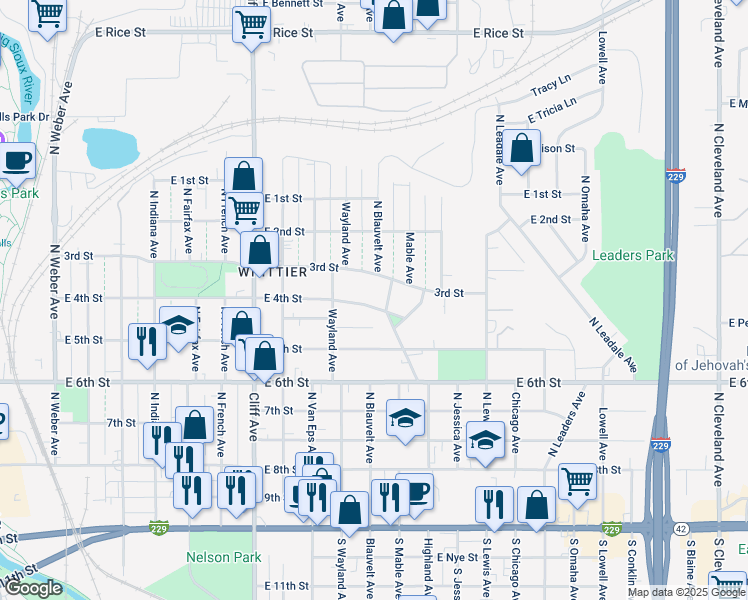 map of restaurants, bars, coffee shops, grocery stores, and more near 1422 East 4th Street in Sioux Falls