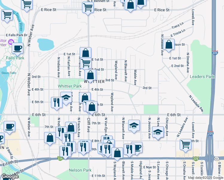 map of restaurants, bars, coffee shops, grocery stores, and more near 1398 East 4th Street in Sioux Falls