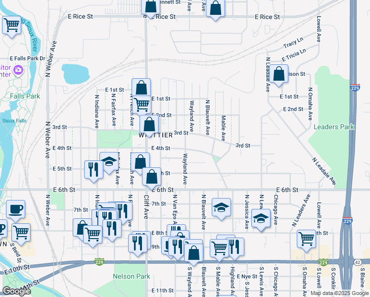 map of restaurants, bars, coffee shops, grocery stores, and more near 649 North Wayland Avenue in Sioux Falls