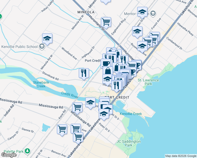 map of restaurants, bars, coffee shops, grocery stores, and more near in Mississauga