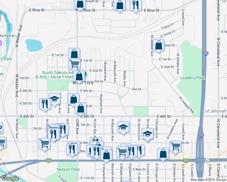 map of restaurants, bars, coffee shops, grocery stores, and more near 1422 East 4th Street in Sioux Falls