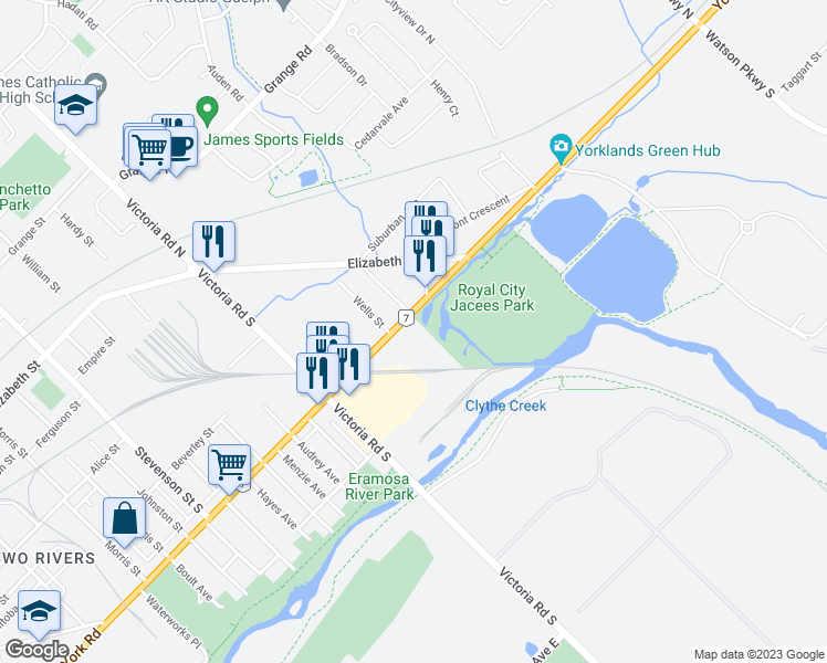 map of restaurants, bars, coffee shops, grocery stores, and more near 599 York Road in Guelph