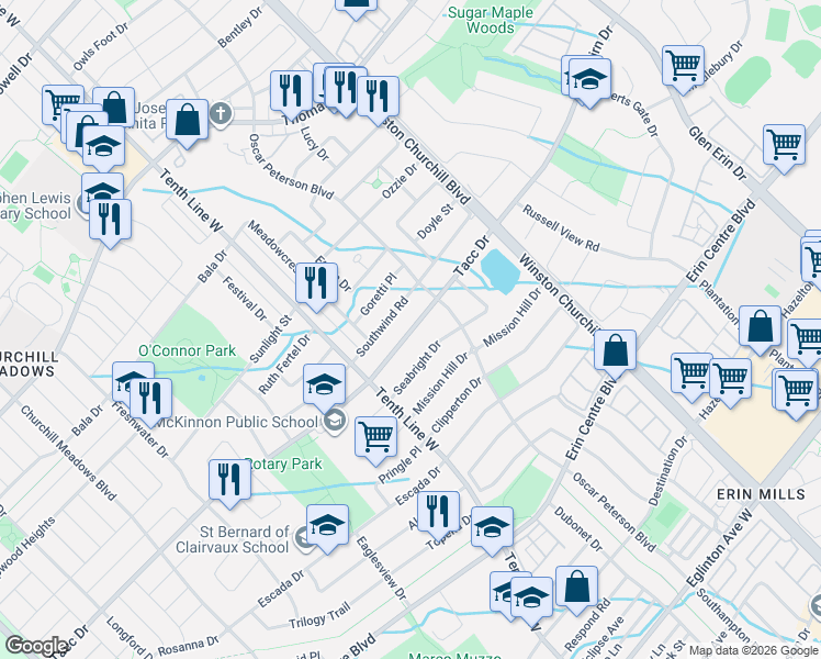 map of restaurants, bars, coffee shops, grocery stores, and more near 3146 Tacc Drive in Mississauga