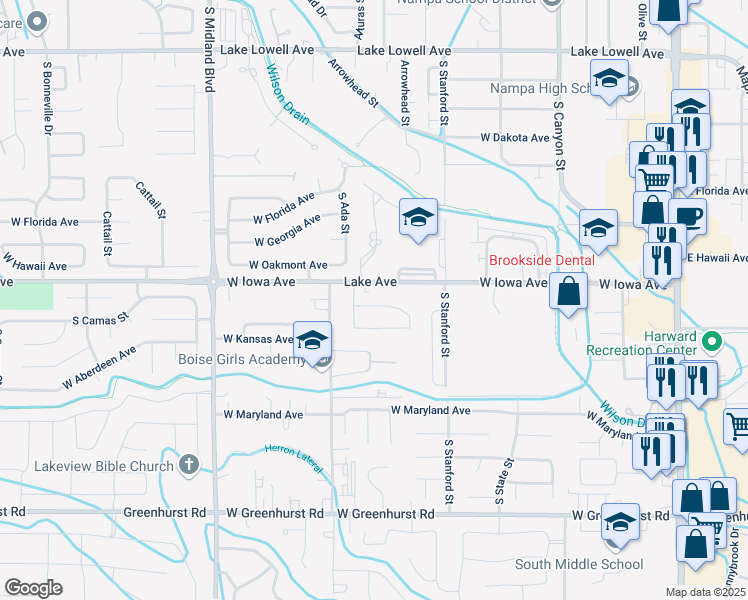 map of restaurants, bars, coffee shops, grocery stores, and more near 712 Teton Drive in Nampa