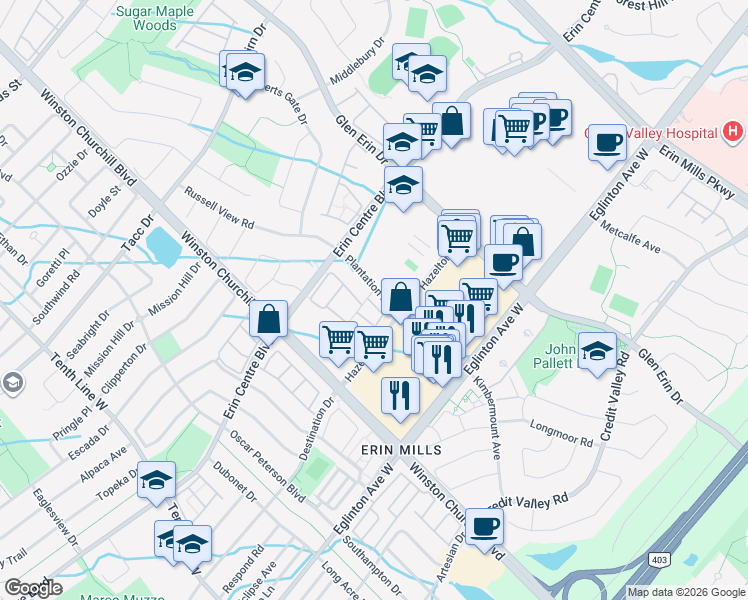 map of restaurants, bars, coffee shops, grocery stores, and more near 5100 Plantation Place in Mississauga