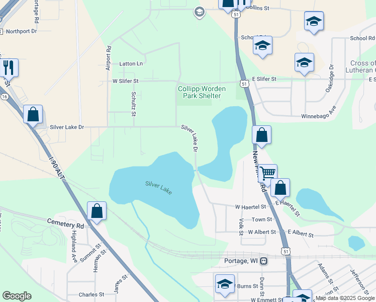 map of restaurants, bars, coffee shops, grocery stores, and more near 622 Silver Lake Dr in Portage