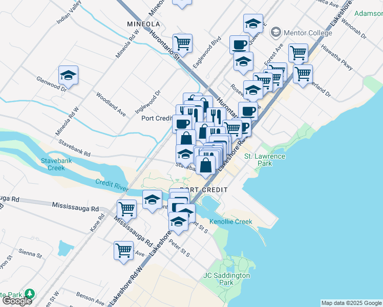 map of restaurants, bars, coffee shops, grocery stores, and more near 29 Park Street East in Mississauga