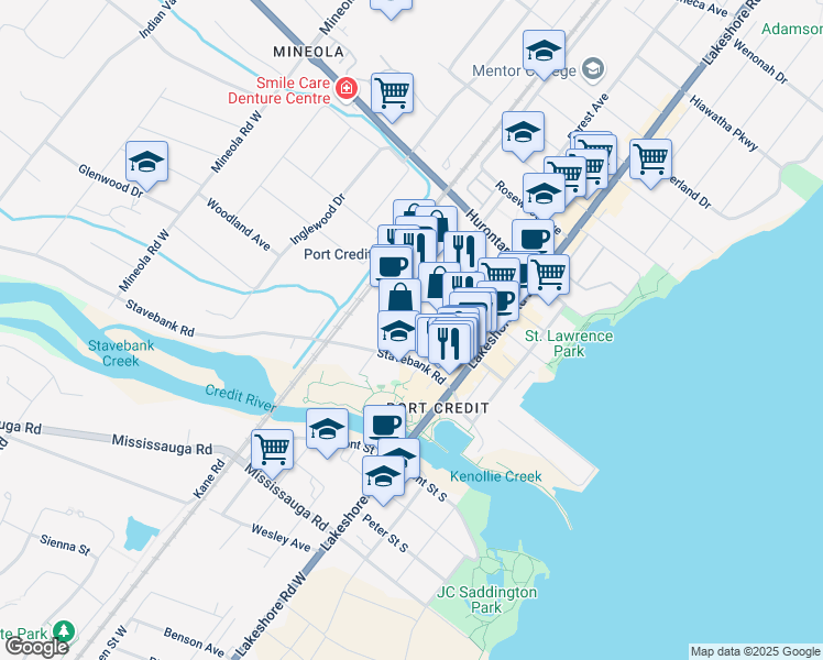 map of restaurants, bars, coffee shops, grocery stores, and more near 29 Park Street East in Mississauga