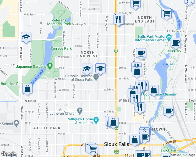 map of restaurants, bars, coffee shops, grocery stores, and more near 601 North Duluth Avenue in Sioux Falls