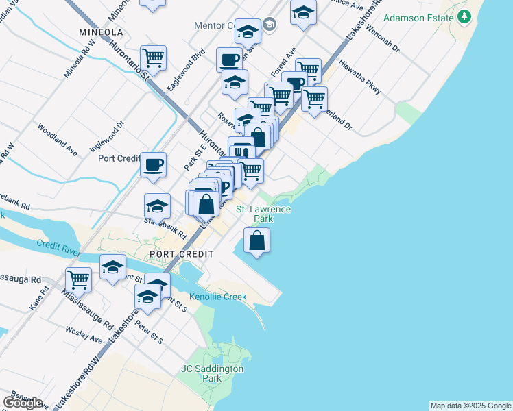 map of restaurants, bars, coffee shops, grocery stores, and more near 65 Port Street East in Mississauga