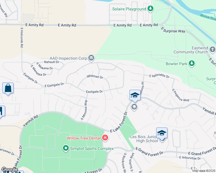 map of restaurants, bars, coffee shops, grocery stores, and more near 3491 Whitman Drive in Boise