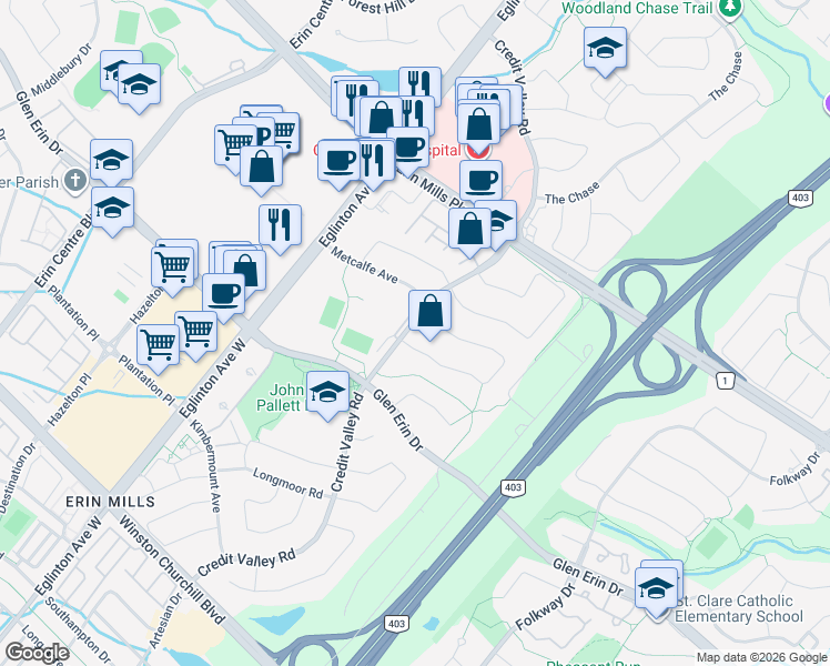 map of restaurants, bars, coffee shops, grocery stores, and more near 2368 Credit Valley Road in Mississauga