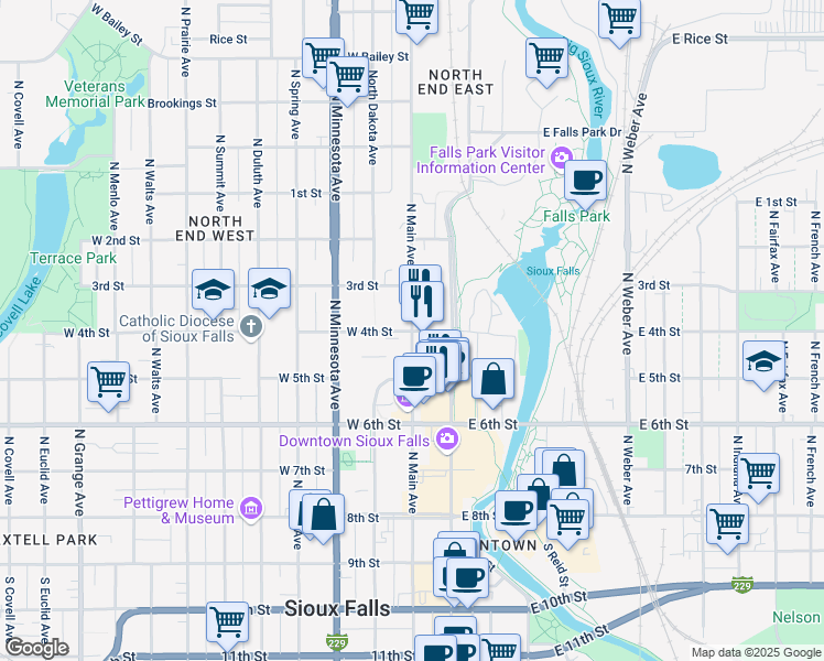 map of restaurants, bars, coffee shops, grocery stores, and more near 601 North Main Avenue in Sioux Falls