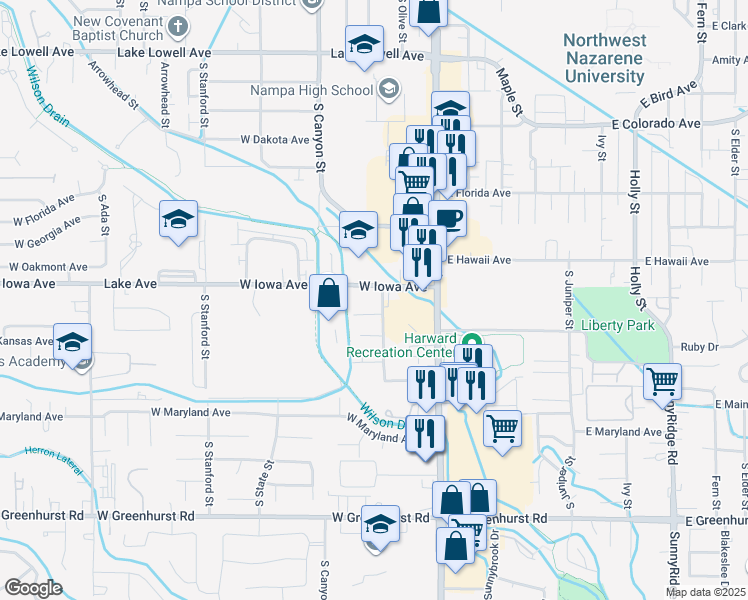 map of restaurants, bars, coffee shops, grocery stores, and more near 307 West Iowa Avenue in Nampa