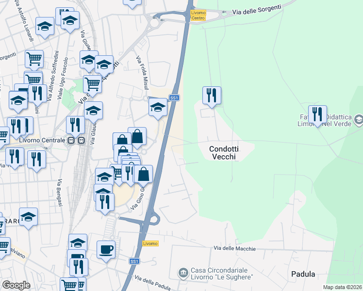 map of restaurants, bars, coffee shops, grocery stores, and more near 3 Via degli Agricoltori in Provincia di Livorno