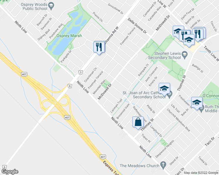 map of restaurants, bars, coffee shops, grocery stores, and more near 3920 McDowell Drive in Mississauga