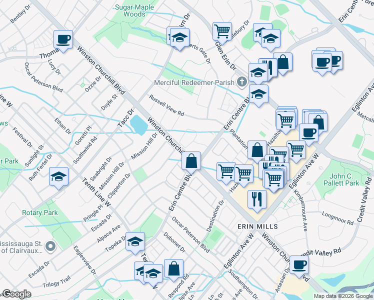 map of restaurants, bars, coffee shops, grocery stores, and more near 5365 Bushelgrove Circle in Mississauga