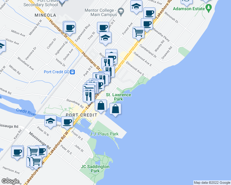 map of restaurants, bars, coffee shops, grocery stores, and more near 65 Port Street East in Mississauga