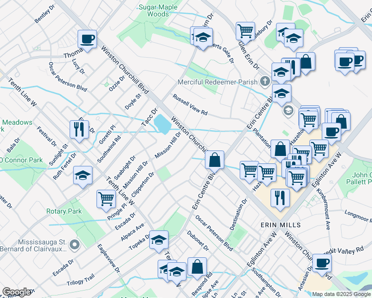 map of restaurants, bars, coffee shops, grocery stores, and more near 3153 Cabano Crescent in Mississauga