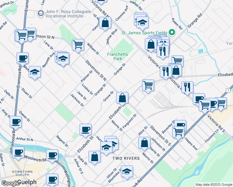 map of restaurants, bars, coffee shops, grocery stores, and more near 18 Stevenson Street North in Guelph