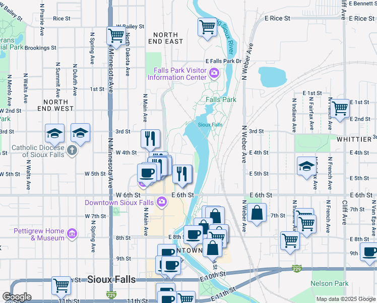 map of restaurants, bars, coffee shops, grocery stores, and more near Sioux Falls Bike Trail in Sioux Falls