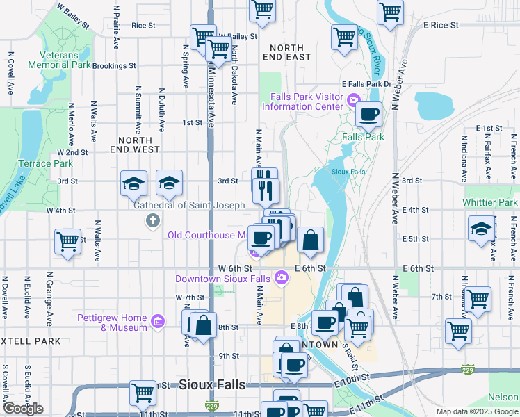 map of restaurants, bars, coffee shops, grocery stores, and more near 601 North Main Avenue in Sioux Falls