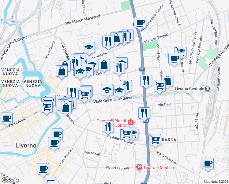 map of restaurants, bars, coffee shops, grocery stores, and more near 102 Via Giuseppe Maria Terreni in Livorno