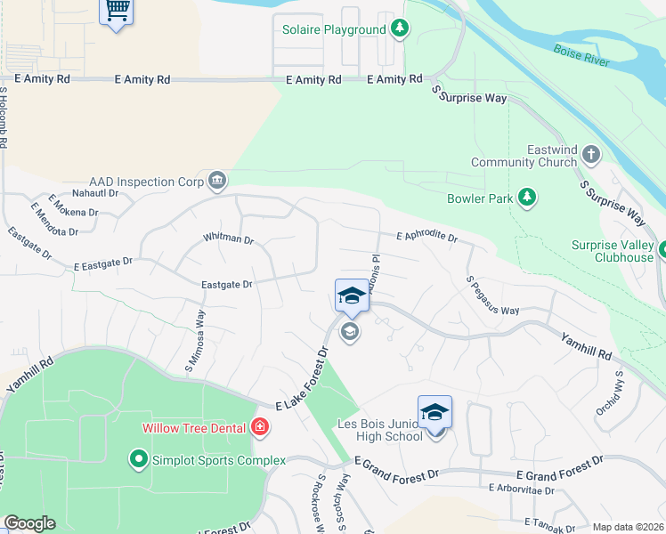 map of restaurants, bars, coffee shops, grocery stores, and more near 3653 E Wormwood Ct in Boise