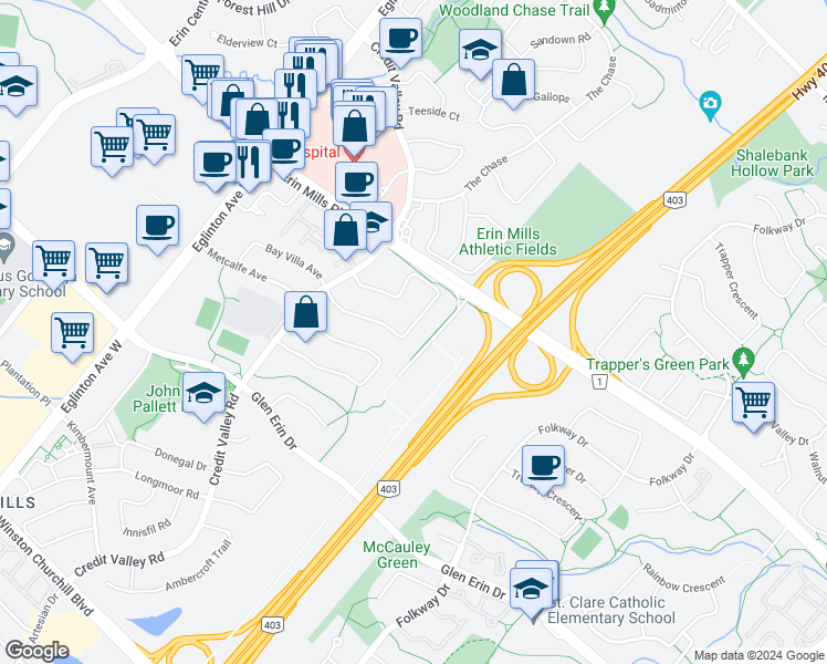map of restaurants, bars, coffee shops, grocery stores, and more near 4402 Radisson Crescent in Mississauga