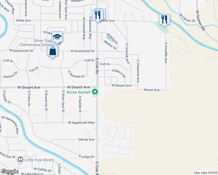 map of restaurants, bars, coffee shops, grocery stores, and more near 7285 Desert Avenue in Boise