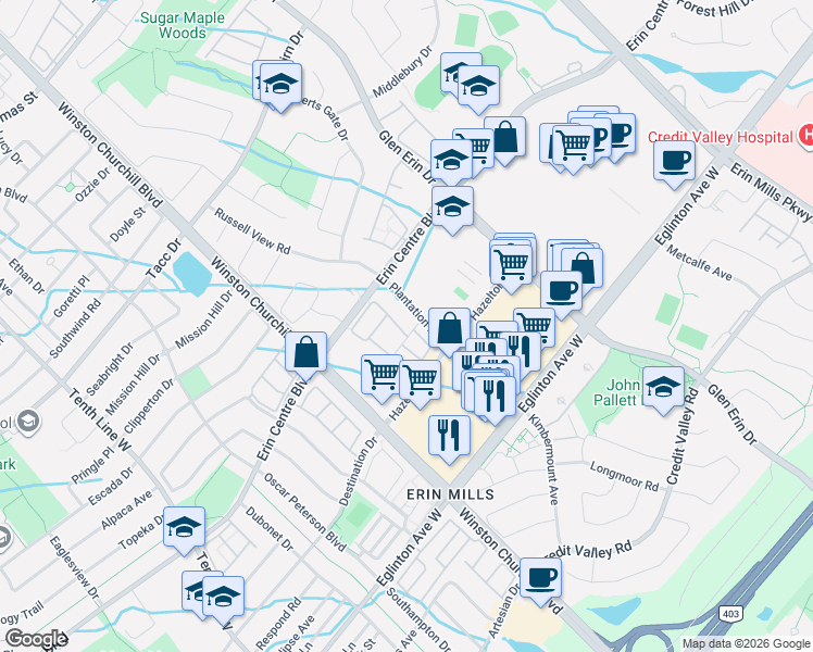 map of restaurants, bars, coffee shops, grocery stores, and more near 2900 Rio Court in Mississauga